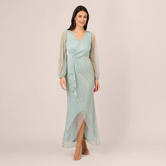 NWT ADRIANNA PAPELL Metallic Faux Wrap Maxi Dress Gown Mint Seafoam - Picture 1 of 11